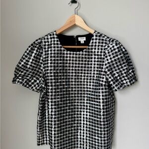 J. Crew Black and White Metallic Gingham Puff Sleeve Blouse